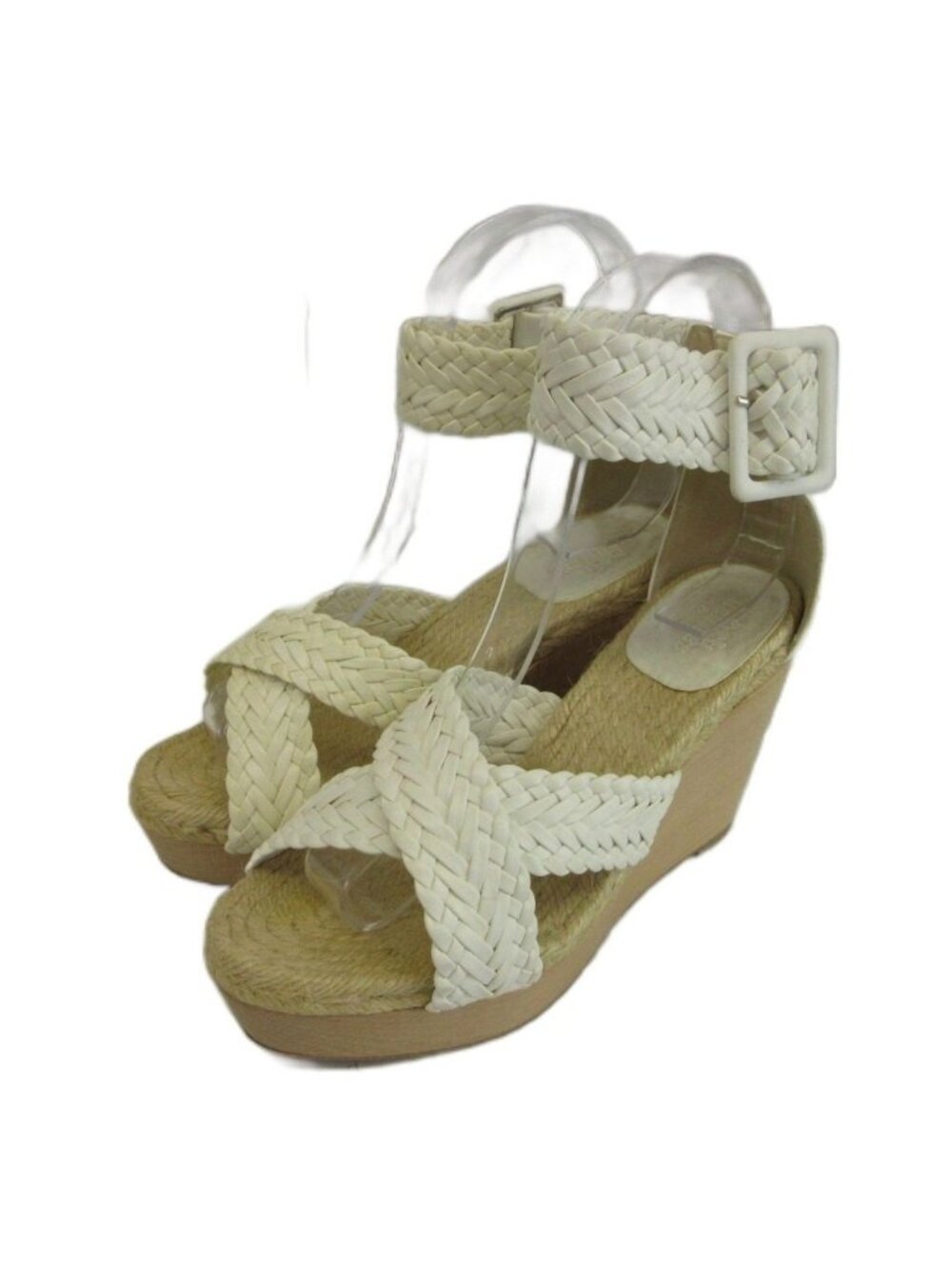 Hermes Mesh Leather Wood Wedge Sole Sandals Braided Open Toe Strap White Beige